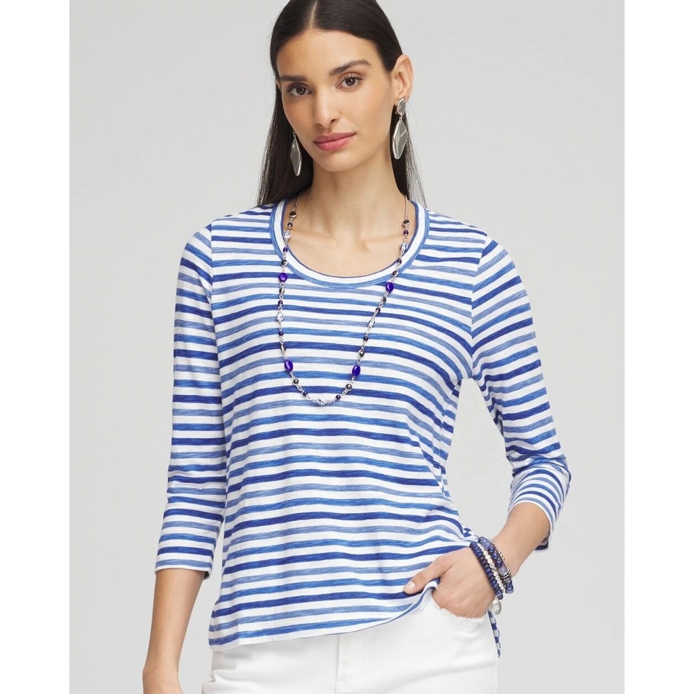 Chico's Striped Slub Scoop Neck Tee Womens 2/L Blue Casual Nautical Coastal